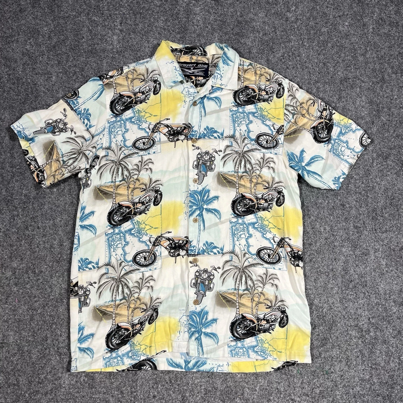 Newport Blue Shirt Men Medium Hawaiian Chopper Motorcycle Palm Trees Herringbone