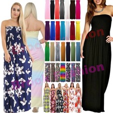 WOMENS SHEERING BOOBTUBE BANDEAU MAXI GATHER STRAPLESS PRINT PLAIN SUMMER DRESS