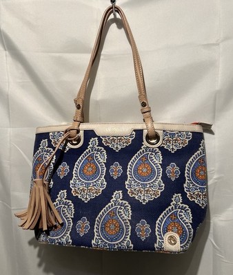 Spartina 449 Bag Purse Daufuskie Island Linen Leather Blue Orange Paisley Wear