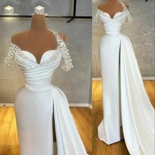 Mermaid Prom Dress Sleeveless V Neck Appliques Off Shoulder Pearls Side Slit