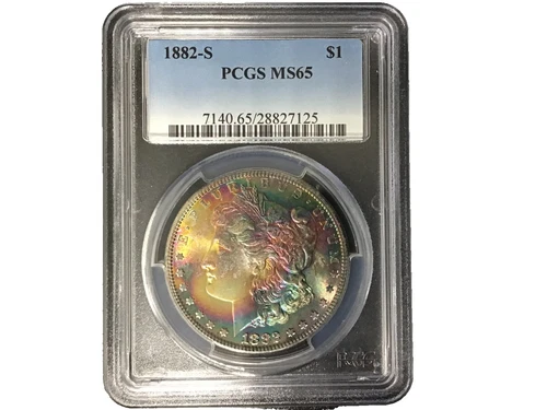 🦅 1882‑S Morgan Silver Dollar – PCGS MS65 –Stunning Red , Yellow, & Green Toned