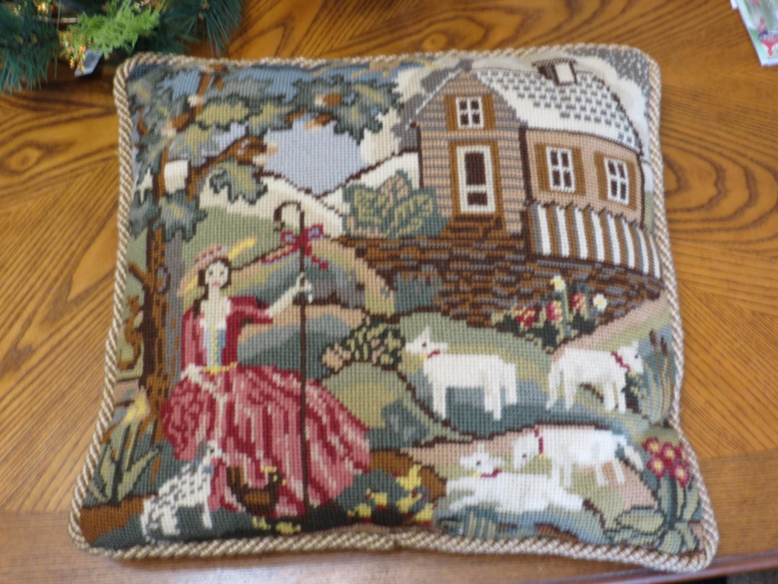 Elizabeth Bradley Pastoral Needlepoint Cushion – Completed Throw Pillow 16"×16"