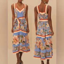 NEW FARM Rio Blue Superbloom Tapestry Belted Maxi Dress sz S