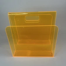 VINTAGE NEON ORANGE LUCITE ACRYLIC MAGAZINE RACK / VINYL HOLDER VIBRANT