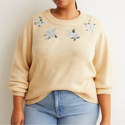 HM Yellow Sweater Blue Floral Design Knit Pullover Cottagecore Soft Aesthetic XL
