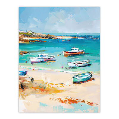 Sandy Beach Bay Fishing Boats Coastal Landscape Wall Art Poster Print