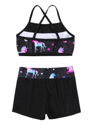Girls Sport Swimsuit Cartoon Bathing Suit Swimwear Criss Cross Crop Top Briefs - Picture 9 of 39