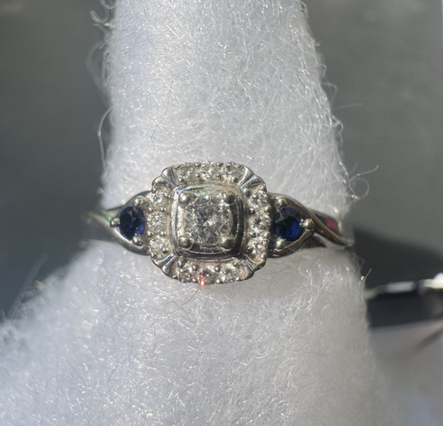 STAMPED 10K WHITE GOLD GENUINE 15 DIAMONDS & 2 BLUE SAPPHIRES HALO RING SZ 5.75 - Picture 18 of 20