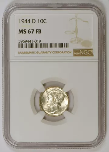 1944D Mercury Dime Silver Coin Graded MS67 FB or Mint State 67 Full Bands by NGC