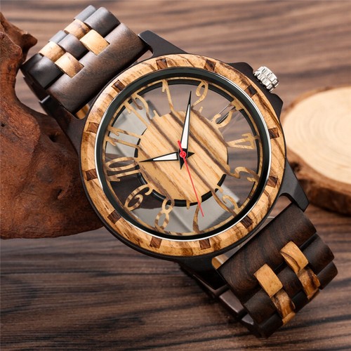 Men's Natural Quartz Wood Watch Full Wooden Unique Hollow Dial Wristwatch Luxury - Picture 7 of 8