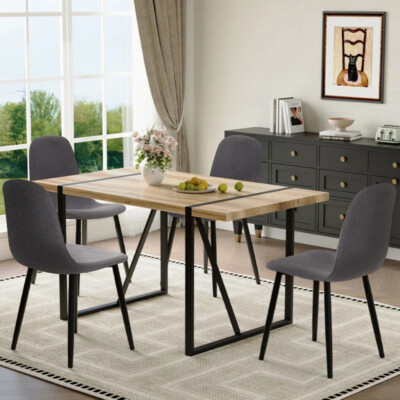 4x Kitchen Dining Chairs Linen Padded Dinner Seat Metal Legs