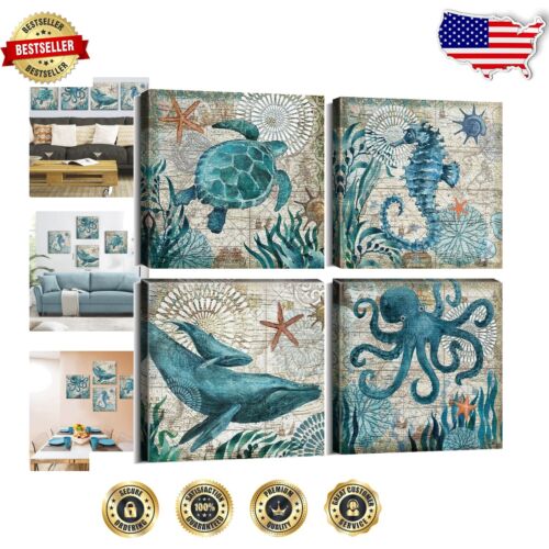 Teal Nautical Wall Decor Set - Ready-to-Hang Sea Animal Artwork for Living Room
