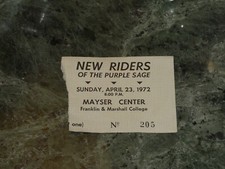 NEW RIDERS OF THE PURPLE SAGE Concert Ticket Franklin & Marshall Lancaster 1972