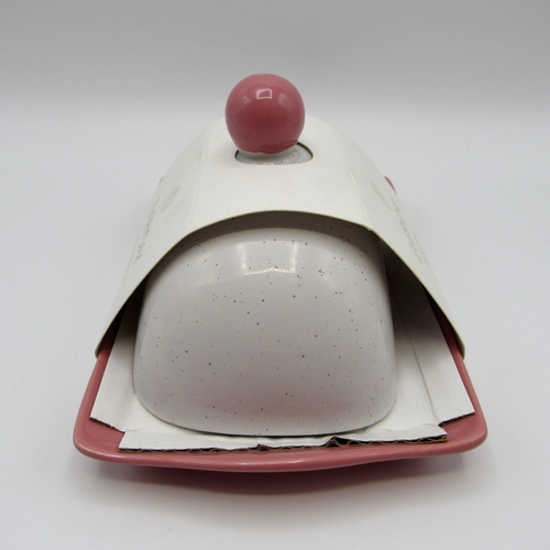 WHITE AND PINK STONEWARE LIDDED BUTTER DISH BY BOSTON WAREHOUSE BRAND NEW - Picture 5 of 9