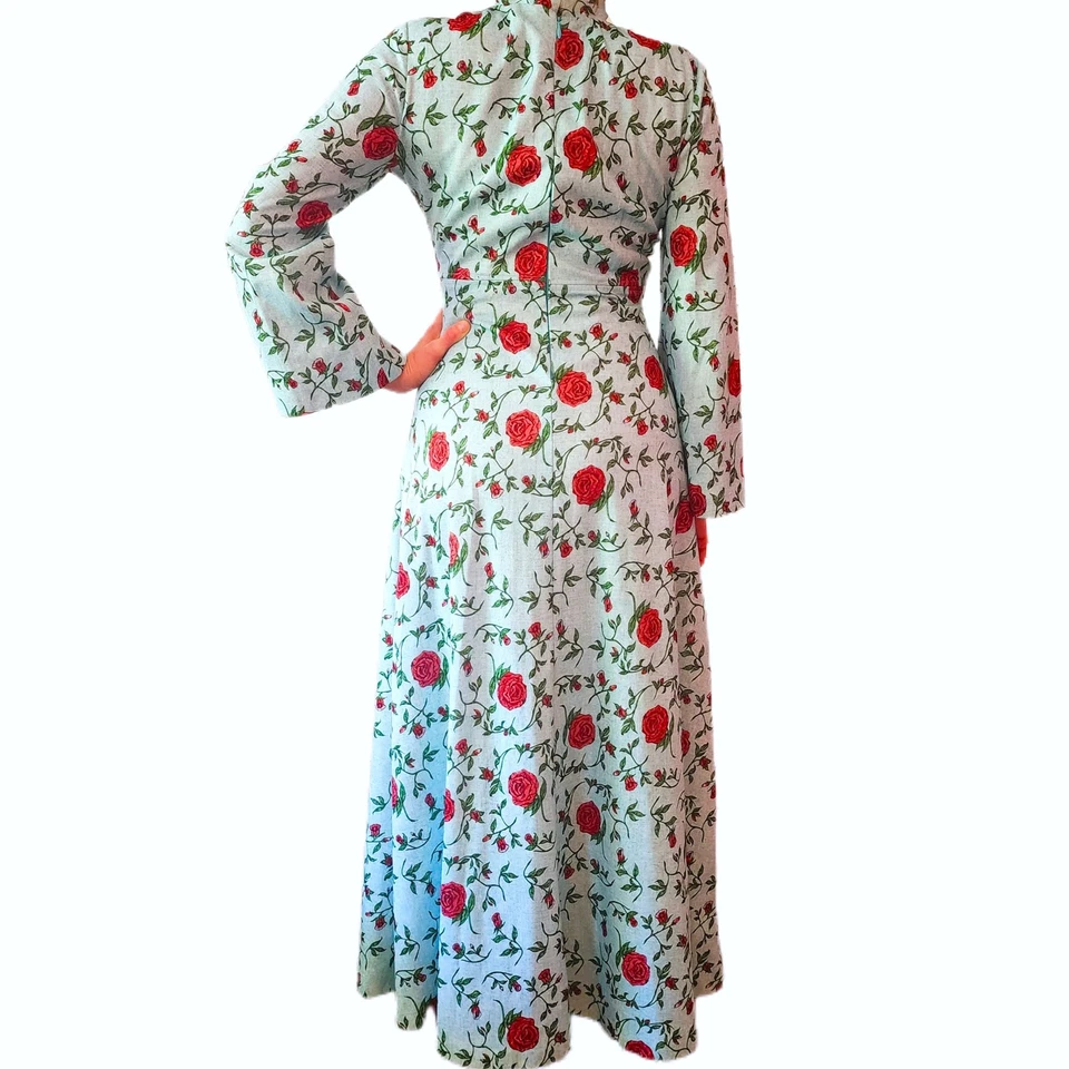Vestido feito à mão vintage anos 70 manga sino tamanho médio grande floral Maxi Cottagecore - Imagem 3 de 3