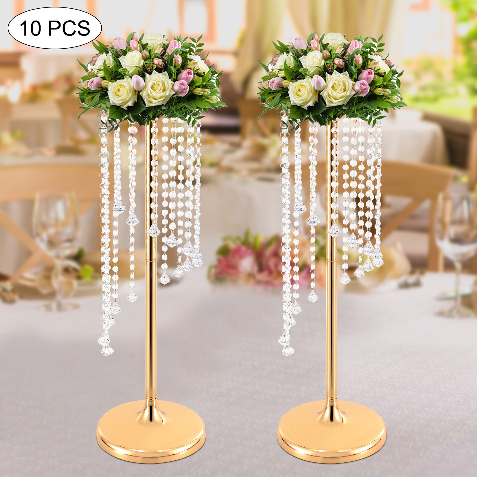 10Pcs 27.5 inch Tall Crystal Flower Vase For Wedding Centerpieces Gold Vases