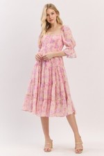 Floral Print 3/4 Sleeves Balloon Sleeve Tiered Midi Dress with Smocked Waist