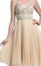 Sue Wong ~ Beige Chiffon Embellished Bodice Pleated Flare Party Dress 6 NEW $478