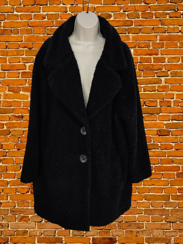 F&F BLACK TEDDY COAT SIZE UK 16 WOMENS SINGLE BREASTED SHERPA BORG WINTER JACKET