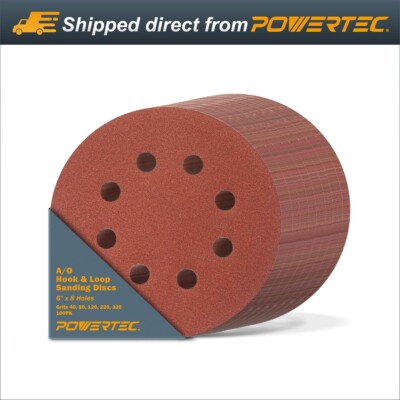 POWERTEC 100PK AO Hook and Loop 8 Hole Sanding Disc 6'' Grit Assortment Kit 45100