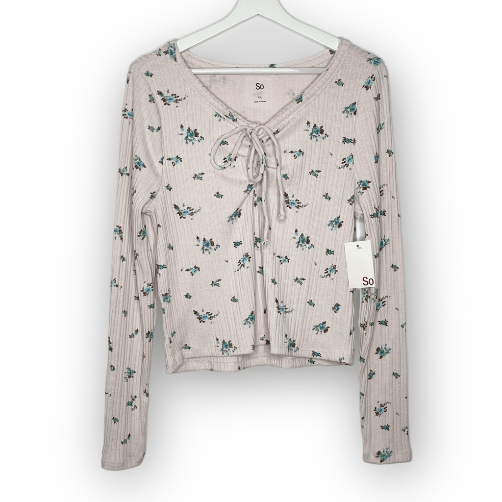 SO Kohl’s Long Sleeve Ribbed Lace Front Tee Pink Floral Juniors Size