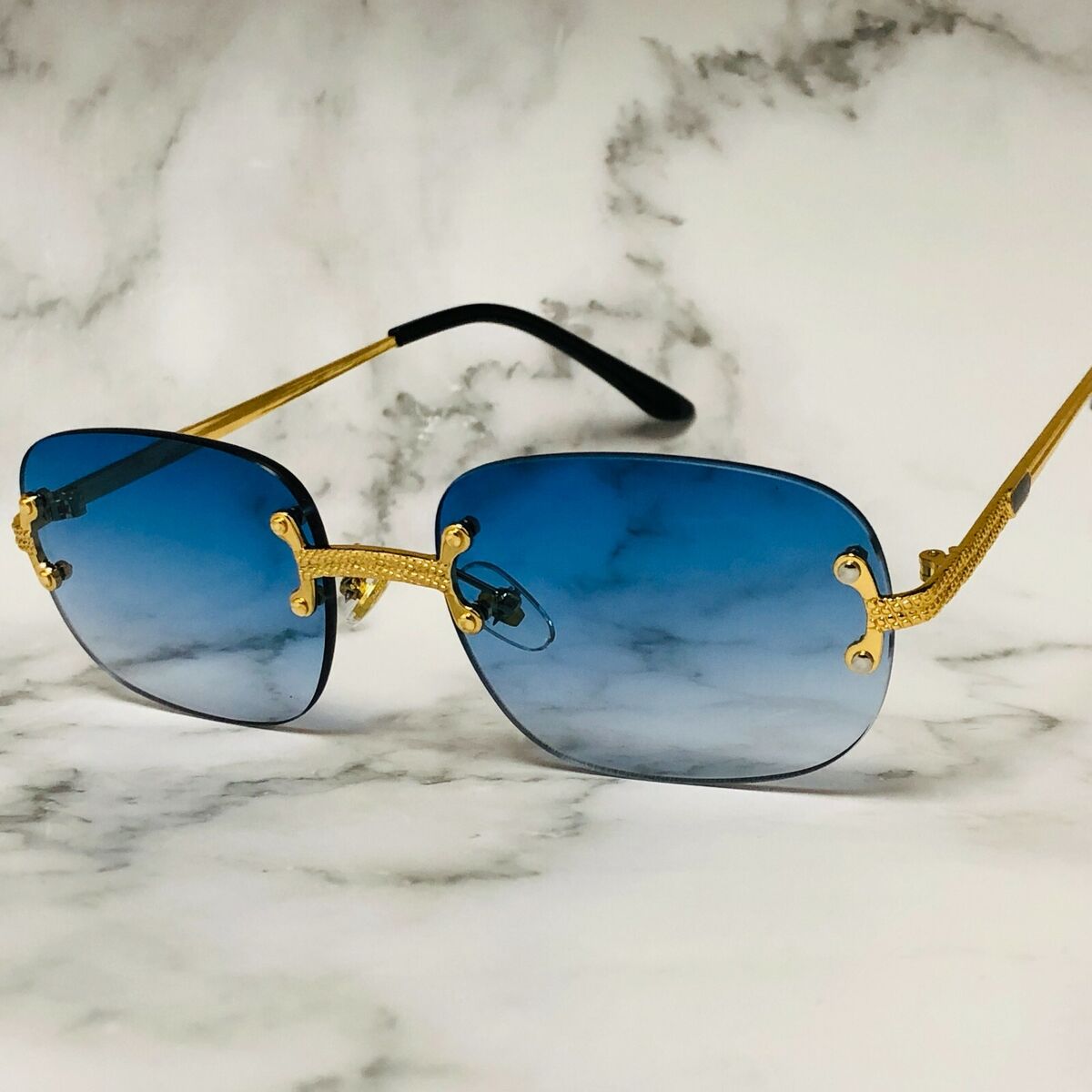 Designer Men Sunglasses Blue Lens Gold Metal Rimless Migos Hip Hop Eye  Glasses