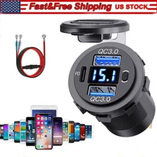 12V-24V PD + QC3.0 Dual USB Car Fast Charger Power Socket Outlet LED Voltmeter