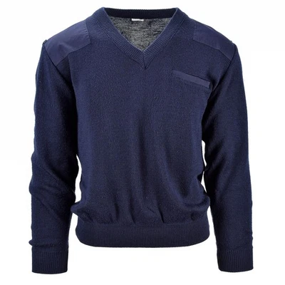 Authentic Pays Bas Armée Pull Officier Laine Col V Renforcé Bleu Marine - Photo 1/4