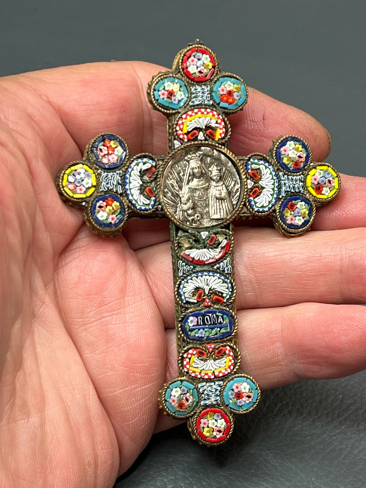 Vintage Brass & Micro Mosaic Flowers Pendant Cross Christianity Necklace