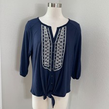 Lucky Brand Womens Plus 1X Navy Embroidered Henley 3/4 Sleeve Top Tie Front