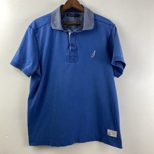 Nautica Polo Shirt Mens L Navy Blue Chambray Denim Collar SS Cotton Y2K