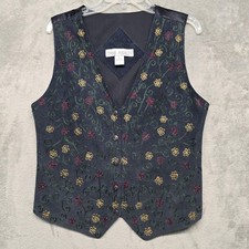 Vtg Jane Ashley Vest Womens Sz Large Blue Suede Embroidered Floral Button Boho