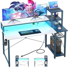 47.2'' Gaming Desk with LED and Storage Shelves, 47 Computer Desk with Long 