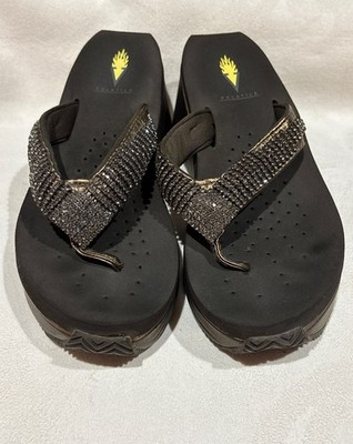 Women's VOLATILE Black Gold Rhinestone Wedge Sandals Size 7