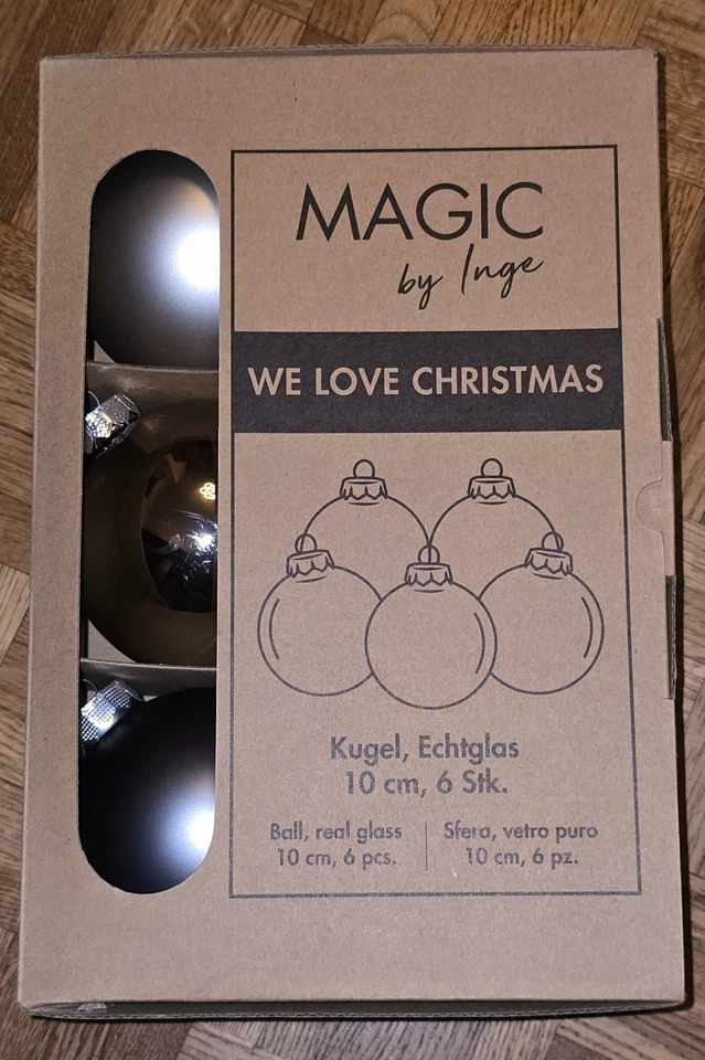 Magic by Inge We love Christmas 6 Baumkugeln Glaskugeln groß 10 cm silber Neu