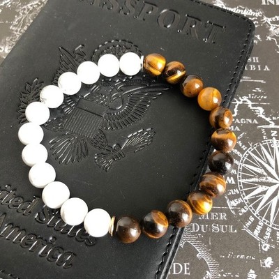 AAA++ Tiger's Eye & Howlite Smooth Round Gemstone Beaded 2 Multi Bracelet 6-8''