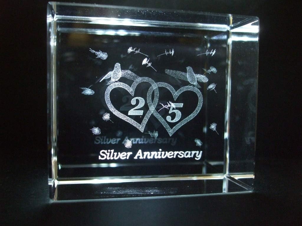 Crystal Images SILVER 25th ANNIVERSARY Paperweight H 7cm WITH FREE LED LIGHTBASE