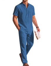 Men Linen Sets Outfits 2 Piece Casual Henley Shirts Casual Yoga Pants Set Haw...