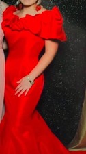 Sherri Hill Red Satin Mermaid Dress Off Shoulder Ruffle Size 12 Long Formal