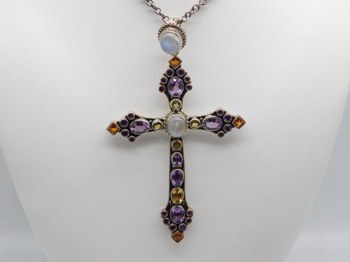 LARGE DESIGNER NICKY BUTLER STERLING SILVER MOONSTONE CROSS PENDANT NECKLACE View 4
