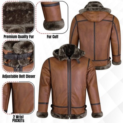 Men s B3 Bomber Jacket Real Sheepskin Leather Hooded Coat Lammy Fur Lined Winter
