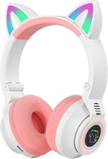 Kids Bluetooth Headphones Cat Ear LED Lights 85dB Volume Limit Pink/White Foldab