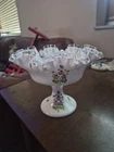 Fenton Silver Crest Art Glass Violets In The Snow Footed Compote Ruffled Crimped