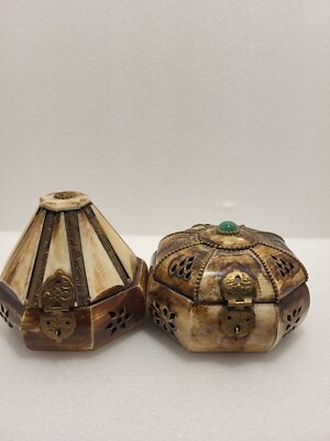 Set of 2 Vintage Camel Bone/ Brass Decorated Jewelry Trinket Box
