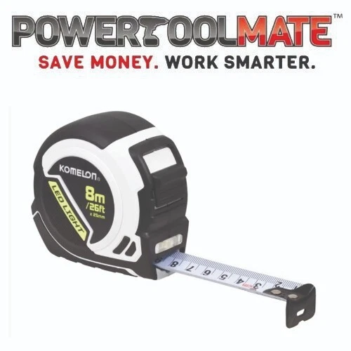 Komelon 8m/16ft White Compact Tape Measure With LED Built In Torch Light,PLD85ME