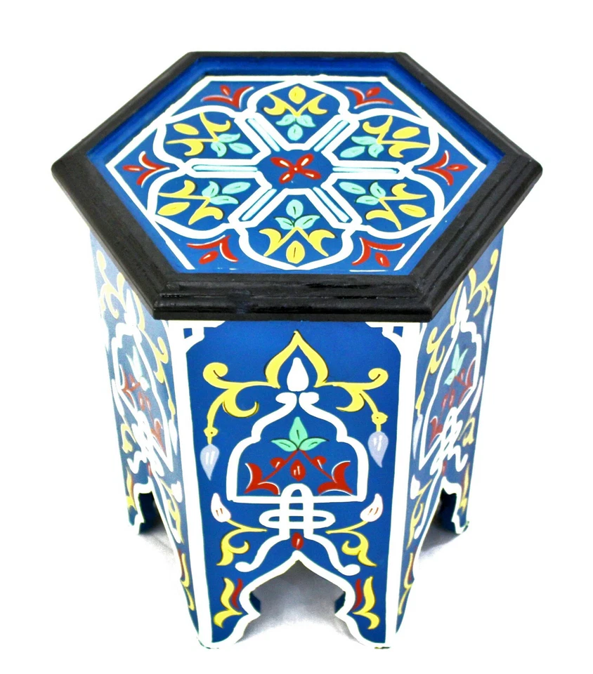 Moroccan Side Table Painted Blue Authentic Decor Accent Corner End Piece Size 2 - Image 2 of 4