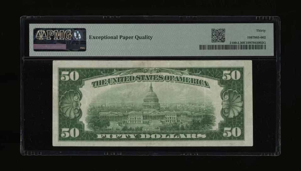 DBR 1928 $50 FRN San Francisco Numeral Fr. 2100-L PMG 30 EPQ Serial L00416874A - Image 2 of 2