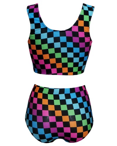 Arcoiris Múltiples Cuadros Cuadrados Top Corto Bikni Fondo Co-Ord Twin Set - Imagen 2 de 2