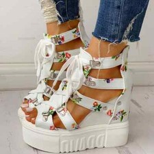 Summer Sandals Platform High Heels Wedge Lace Up Printed Casual Shoes Womens Hot