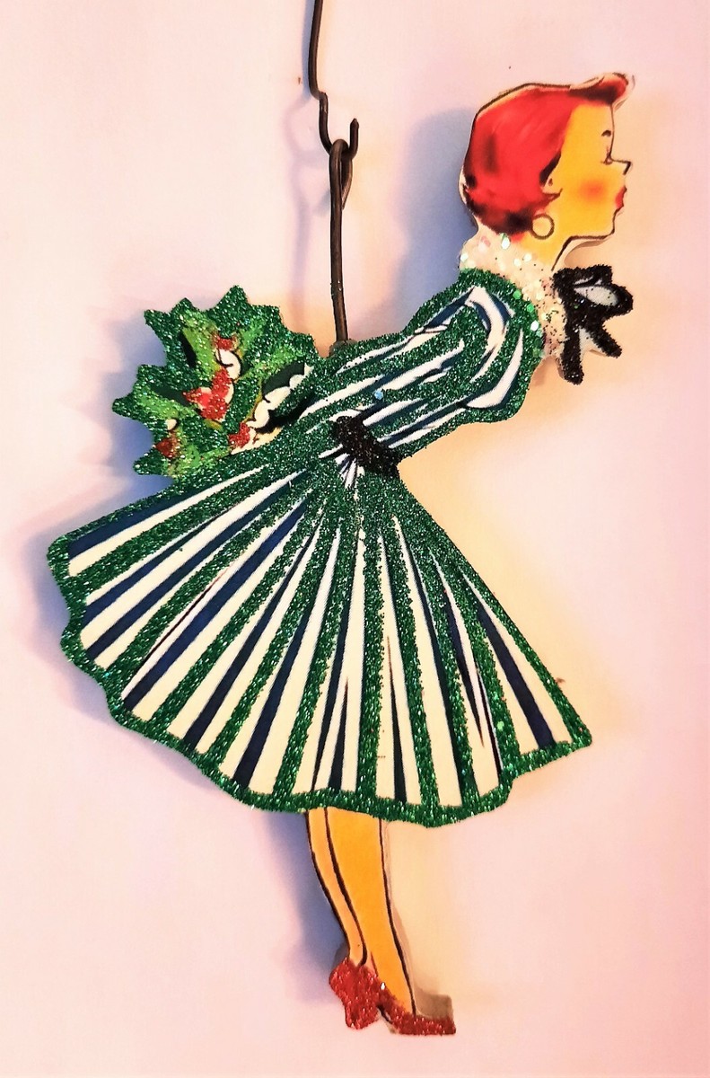 50s WOMAN in GREEN STRIPED DRESS, HOLLY, KISS * Glitter CHRISTMAS ORNAMENT * Vtg